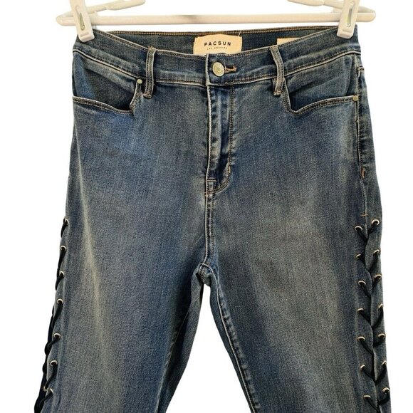 PACSUN Jeans Jegging Womens Sz 28 Blue Hi-Rise Ankle Leather Laced Sides Skinny - Picture 6 of 15
